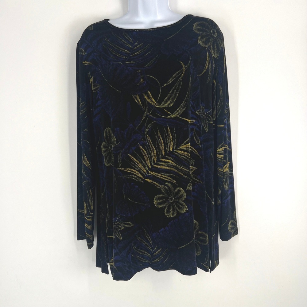Chicos Travelers Black Gold Blue Tropical Floral Slinky Knit Tunic Top Size 2 L